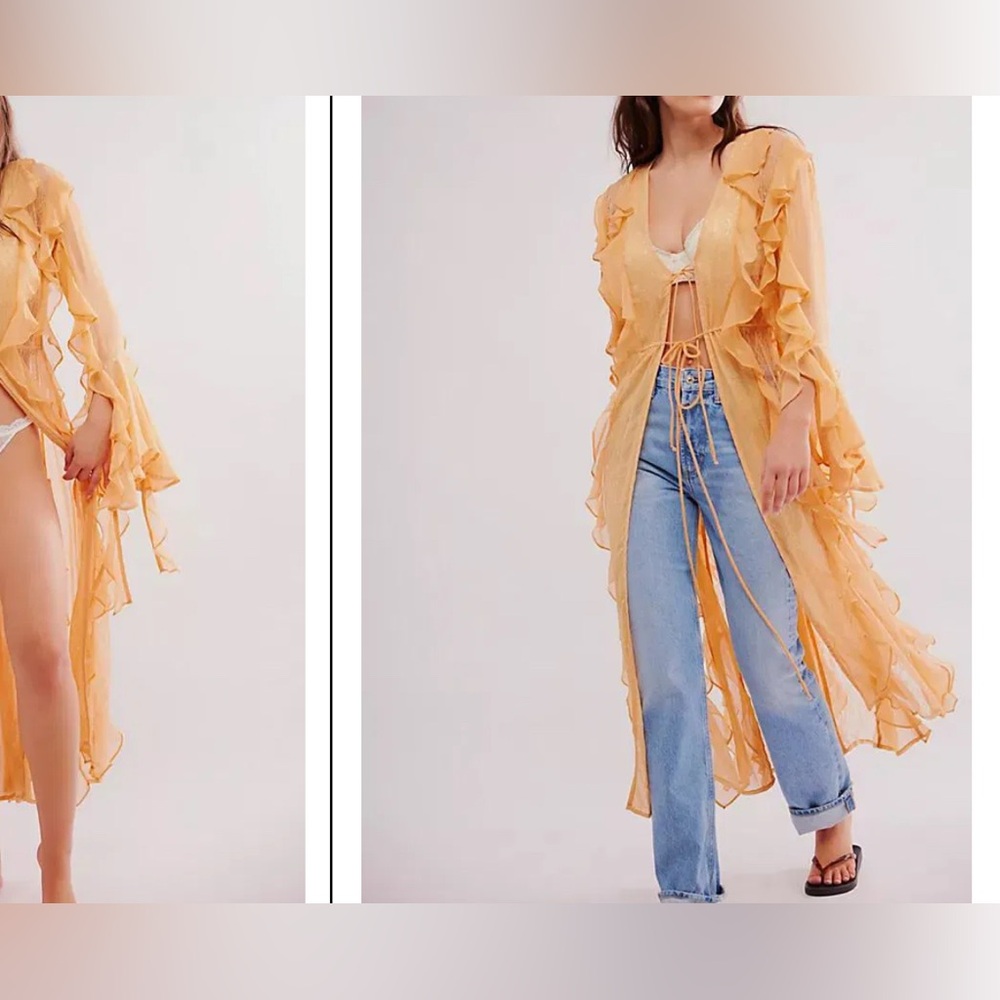 Free People Sheer Ruffle Robe in Yellow